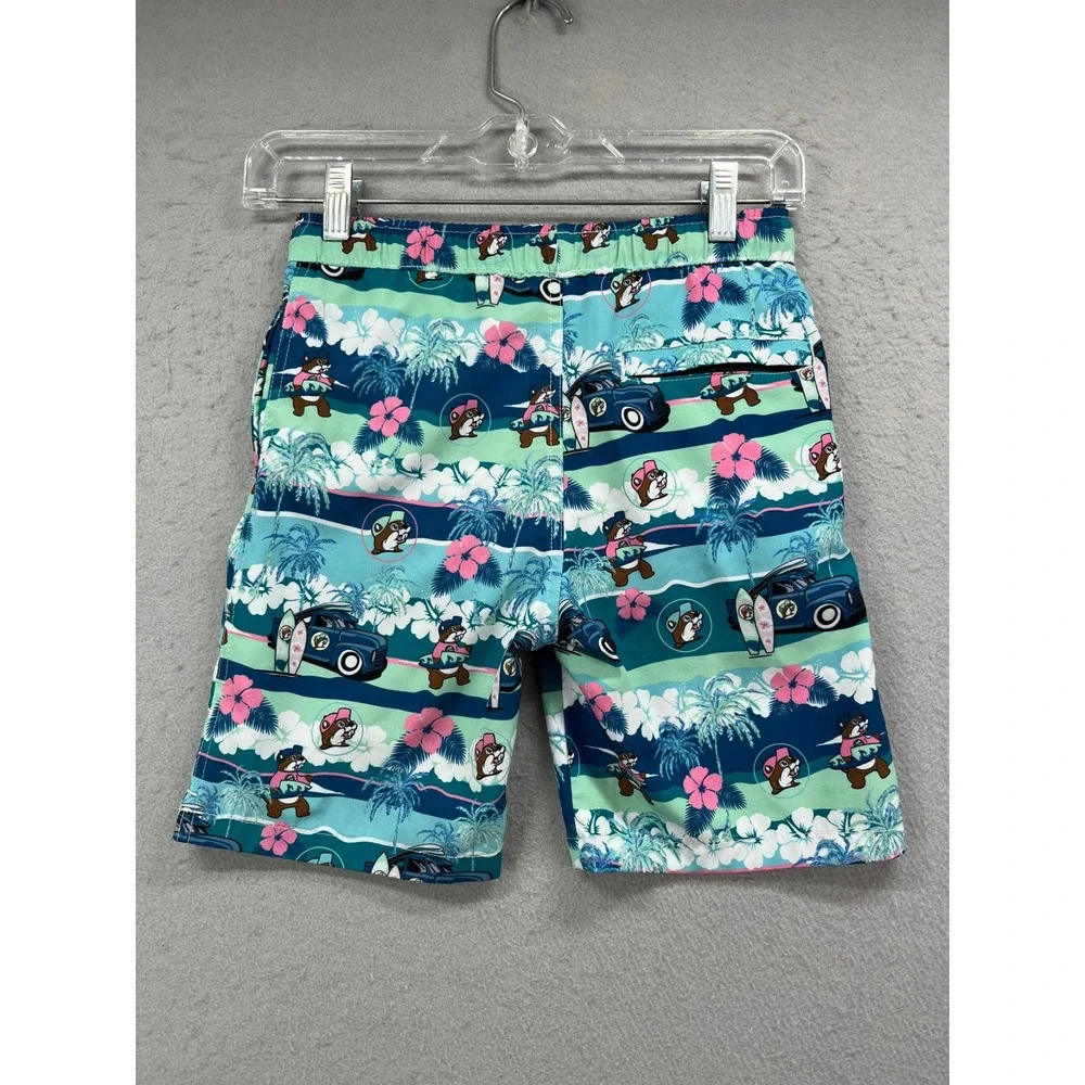 Bucees Swim Trunks Boys YS Blue Green Beaver‎ Surf Tropical Beach Board Shorts